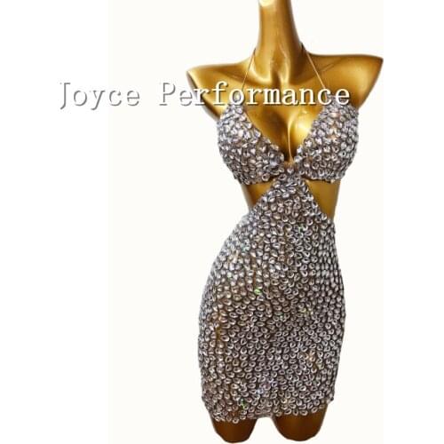 Flashing Full Silver Rhinestone Bra Dress Women Dance Show Outfit Birthday Celebrate Sexy Performance Short Dress