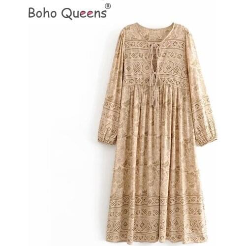 Boho Queens lace-up desert floral print half sleeve Bohemian rayon cotton midi dress Ladies v-neck ruffles happie vestidos