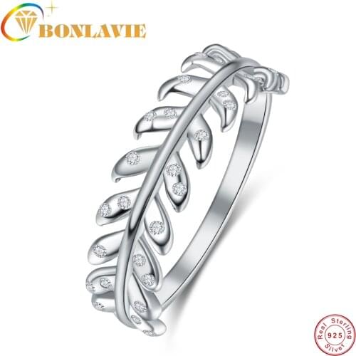 BONLAVIE Fine Jewelry Vine Leaf Ring with Zircon 925 Sterling Silver Ring Wedding Bands Engagement Women Rings
