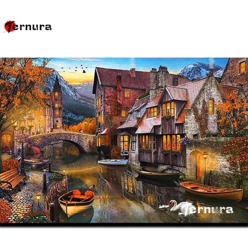 DIY Diamond Painting Canal scenery 5D rhinestone Cross Stitch Lake house building Art Embroidery Mosaic Handmade Home Decoration