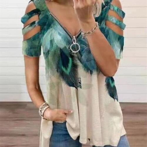 Womens T-Shirt Summer Fashion Print Deep V-Neck Zipper Hollow Out Pullover Casual Loose Oversize Ladies Top Short Sleeve Sexy