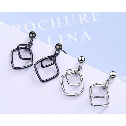 KOFSAC Trendy Black Gold Stud Earrings For Women Jewelry Simple 925 Sterling Silver Hollow Square Earring Lady Engagement Gifts