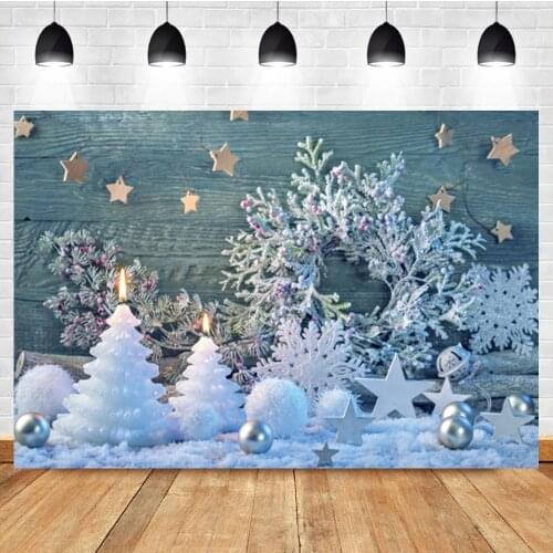 Laeacco Winter Christmas Wooden Board Baby Birthday Background Christmas Tree Candle Branch Ball Photographic Photo Backdrop