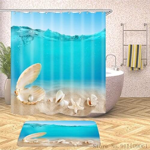 Fashion Beach Sea Shell Printed Polyester Fabric Shower Curtain Waterproof and Mildewproof Bathroom Personalized Shower Curtain