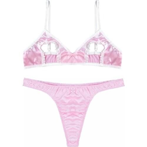 Mens Lingerie Set Gay Cosplay Sexy Sissy Satin Lingerie Set Hollow Out Nipples Wire-free Bra Top with Low Rise Bikini Thong
