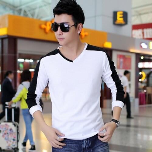 New Fashion T Shirt Men Summer V neck long Sleeve Cotton Tshirt