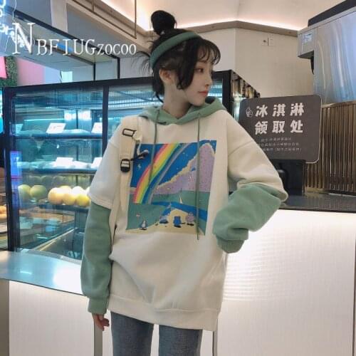 Autumn Winter 2020 New Korean Rainbow Fake Two Pieces Women Sweatshirts Fashion Female Sweatshirt