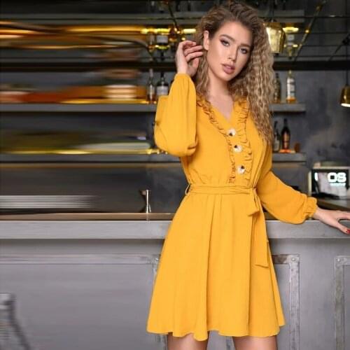 MUICHES Sweet V-Neck Belt MIni Dress Female Edible Tree Fungus Lantern Sleeve Button A-Line Dresses For Women 2021 Casaul