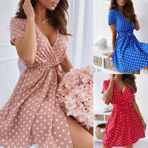 Casual Wave Point Short Sleeve Dress Women Summer V Neck Tunic Vintage Robe Elegant Beach Party Pullover Dresses Vestidos