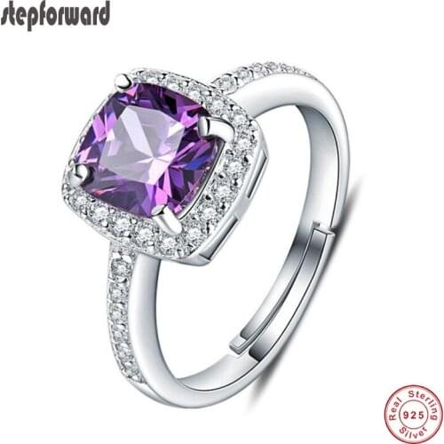 Luxury Ring CZ Paved Shinning 925 Sterling Silver Adjustable Engagement Ring With Big Purple Square Crystal Wedding Jewelry Gift