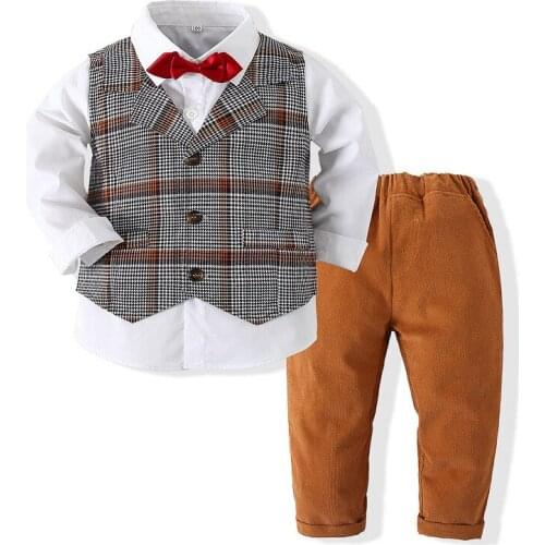 Fashion Children Boys Casual Clothes Long Sleeve Bowtie White Shirt+Vest+Pants 3Pcs Sets Kids Baby Plaid Gentleman Suits