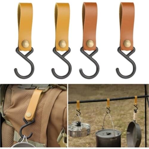 S-Shaped Leather Hanging Hooks Triangle Storage Rack Shelf Hook Keychain Portable Outdoor Camping Hiking Hanger Camping Supplies