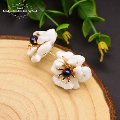GLSEEVO Natural Stone Quartz Earrings White Flower Earrings Quartz For Womens Cute Flower Style Jewelry Pendientes GE0780I