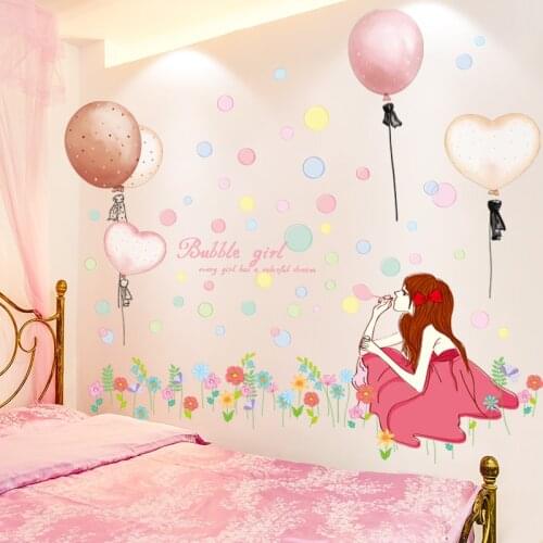 [shijuekongjian] Cartoon Girl Wall Stickers DIY Creative Balloons Wall Decals for Living Room Kids Bedroom House Decoration