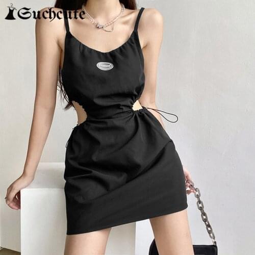 SUCHCUTE Sexy Hollow Out Mini Dress Gothic Black Slim Outfits Short Dress For Women Summer Korean Streetwear A-Line Dresses