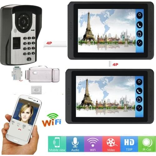 Wired wifi Home 7'' Color Video Intercom fingerprint Camera with 2 Monitor Video Door Phone for Apartments with Metal Electric L