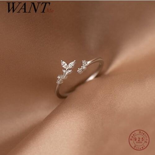WANTME 925 Sterling Silver Luxury Crystal Zircon Branch Bud Sweet Chic Leaf Opening Ring for Women Wedding Anniversary Jewelry