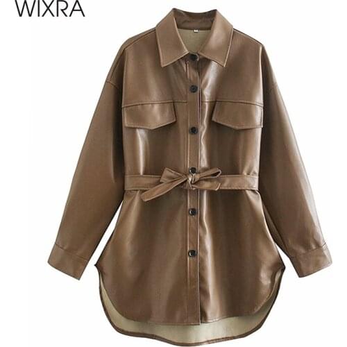 Wixra Womens Faux Leather Jackets With Belts PU Coat Turn-Down Collar Solid High Street 2021 Autumn Spring New