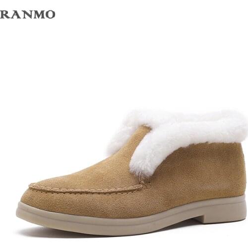2021 New Cow Suede Snow Boots Nature Warm Wool Winter Shoes Slip on Comfortbale Flat Round Toe Ankle Boots Womens Snow Boots