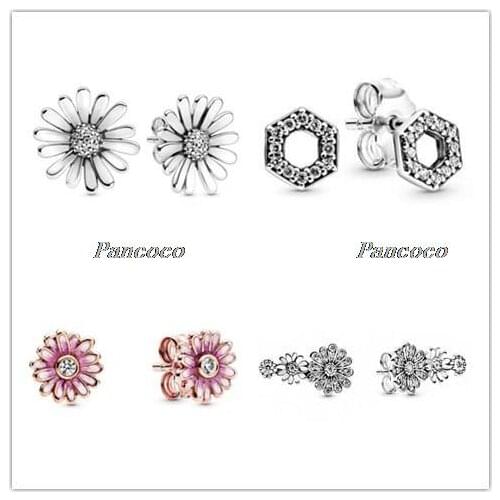 Authentic 925 Sterling Silver Earring Pink Daisy Flower Stud Earrings For Women Wedding Party Fashion Jewelry