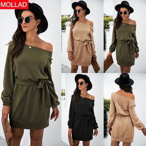 2021 Spring and Autumn Shoulder Solid Color Stitching Long Sleeve Dress