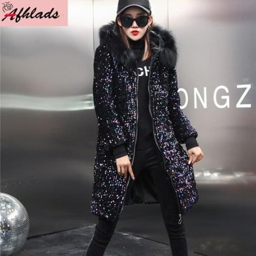 Autumn And Winter Sequins Women Thick Coats Hooded Streetwear Solid Collar Zippers Pockets Warm Hip Hop Jacket Outerwear