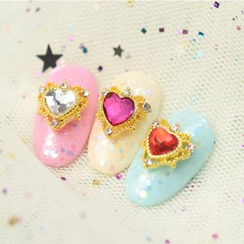 100pcs 11*11mm Wedding Peach Heart Parts nail Charm (7 colors )Metal Frame With Heart Crystal nail charms Rhinestone nails part