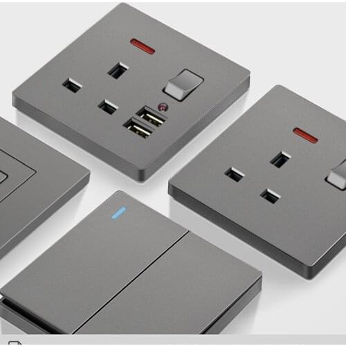 250V 86MM British standard grey large panel advanced household 1/2/3/4gang 1/2way switch socket with USB interface socket