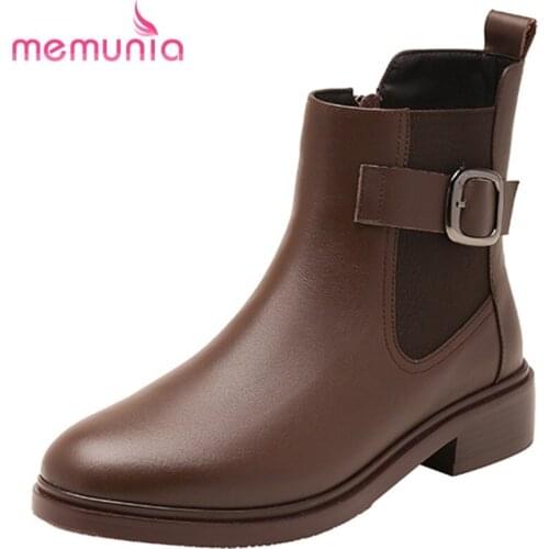 MEMUNIA Genuine Leather Shoes Buckle Elastic Band Ankle Boots Square Heels Retro Ladies Boots Winter Hand Made Chelsea Boots