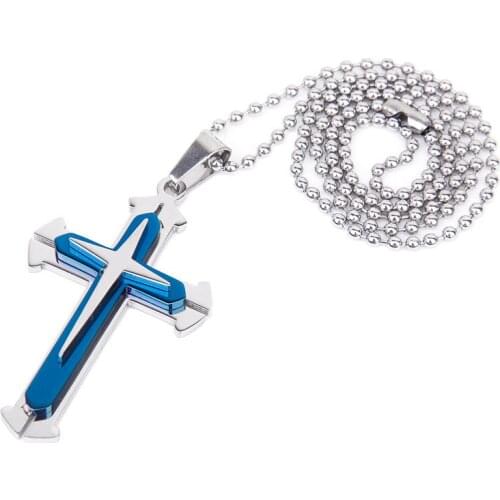 Goth 3-layer Stainless Steel Silver Color color Blue Cross Crucifix Pendant Dangle Necklace Chain Christian Unisex ee