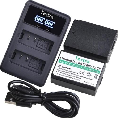 Tectra 2pc LP-E10 LPE10 Camera Battery+LED Dual Charger/USB Cable for Canon EOS 1100D 1200D 1300D 2000D Rebel T3 T5
