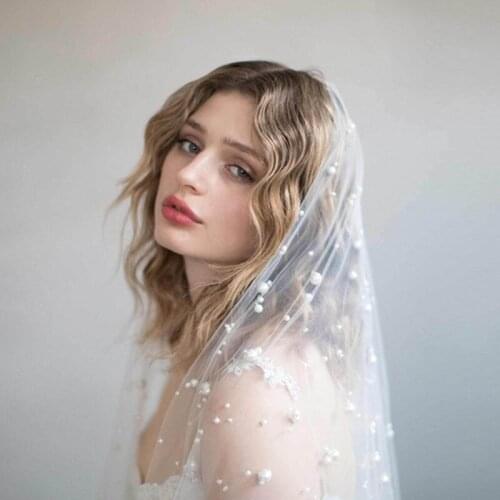 Tanpell Elegant One-Layer Pearl Beading Cut Edge Wedding Veil Fingertip Wedding Veil
