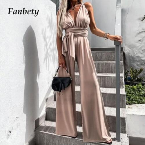 2021 New Fashion Elegant Solid Sleeveless Bodysuit Romper Women Sexy Bandage Hollow Out Jumpsuit Summer Casual Wide Leg Playsuit