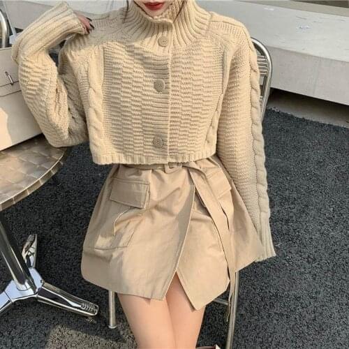 Korobov Korean Long Sleeve Streetwear Crop Cardigans Vintage Single Breasted Knit Turtleneck Cardigan Sweet Japanese Sweater