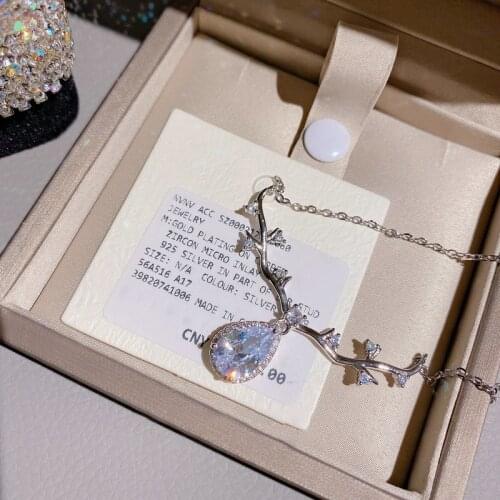 Creative Antler Design Sterling Silver 925 Necklace Exquisite Simple Pear Water Drop Crystal Clavicle Chain Necklace for Female