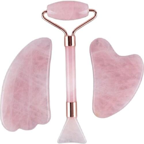 Natural Rose Quartz Crystal Face Roller & Mask Brush Gua Sha Tool Set Eye Acupressure Lifting And Firming Healing Health Beauty