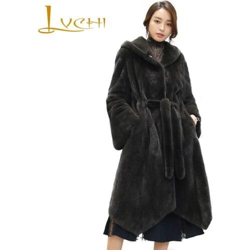 LVCHI Natural Fur With Fur Hood Womens X-Long Sashes Tight Waist Mink Coat 2019 Imports Swan Velvet Mink Real Mink Fur Coats