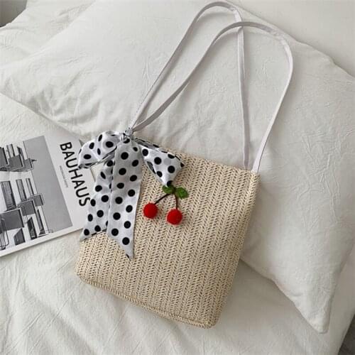 Handmade Wicker Shoulder Bag Cherry Rattan Tote Bag Summer Beach Bag Women Bag Woven Handbag Fashion Cute Durable With Ribbons