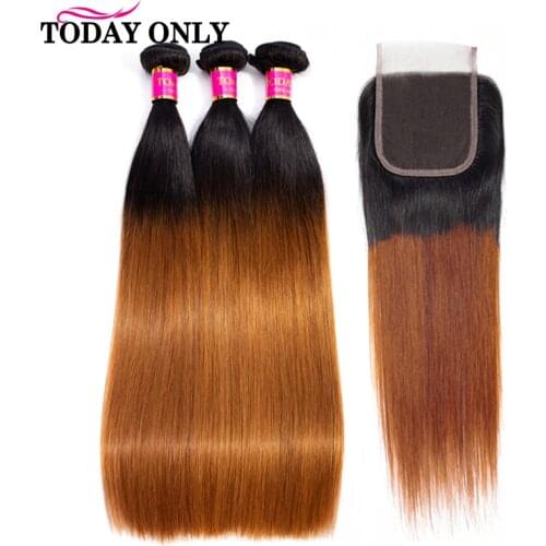 Ginger Bundles Ombre Hair With Closure 1B/30 Orange Ombre Brazilian Straight Hair Weaves Human Hair Bundles With Closure Remy