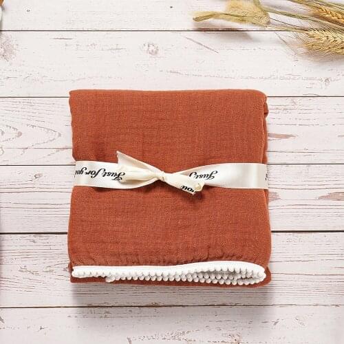 Happy Flute Solid Color Fuzzy Ball Lace Muslin Swaddle Blanket For Newborn Baby Super Soft Absorbent Feeding Bibs Newborn Bibs