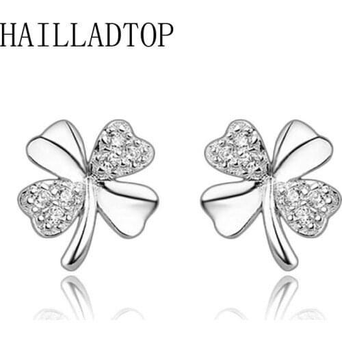 Classic Lucky Clover Silver Plated Earrings with Four-leaf Clover Studs Crystal Bright Womens Stud Delicate Gifts Jewelry