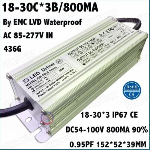 2 Pcs By EMC LVD IP67 80W AC85-277V LED Driver 18-30Cx3B 800mA DC56-100V Constant Current LED Power For Spotlights Free Shipping