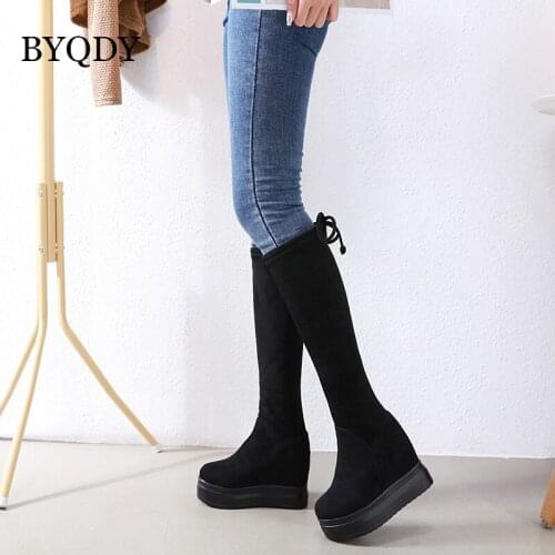 BYQDY Platform Knee High Boots Winter Women Thick Bottom Wedge Heels Shoes Woman Solid Black Flock Lace Up Thigh High Boots