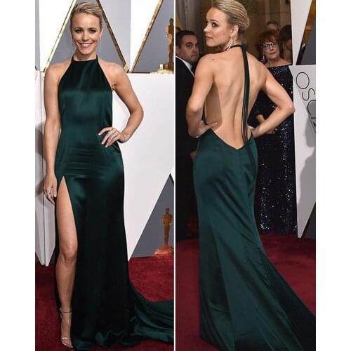 Sexy Long Halter Green Backless Celebrity Dresses with Slit Mermaid Robe De Soiree Floor Length Satin Formal Dresses for Women