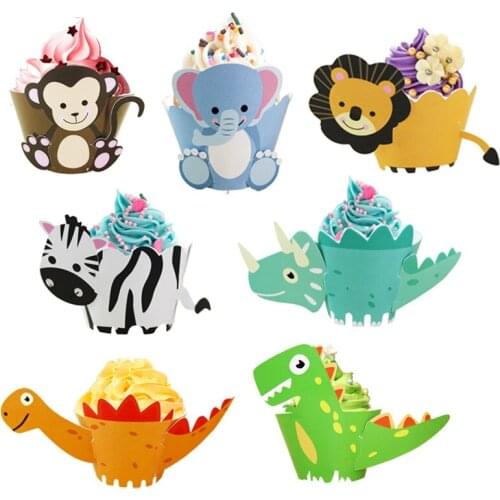 12pcs Cartoon Dinosaur Party Cupcake Cake Wrappers Jungle Animal Party For Baby Shower Party Decoration