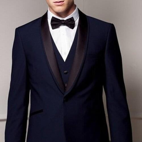 2017 Custom MADE TO MEASURE TAILORED BESPOKE NAVY BLUE BROWN SHAWL LAPEL 2 POCKET MEN SUITS (Jacket+Pants+vest+Tie+handkerchief)