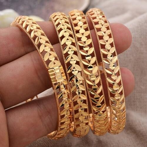 4Pcs Gold Color Bangle For Women Gold Color & Copper Bracelet Dubai olive leaf Ethiopia Flower Wedding Africa Arab Jewelry