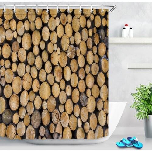 72'' Bathroom Waterproof Fabric Shower Curtain Polyester 12 Hooks Bath Accessory Sets Light Brown Vintage Wood Pile Stacked