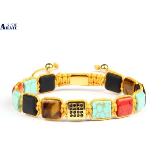 Ailatu New Men Bracelet Mix Color Natural Tiger Eye and Matte Onyx Square Stone Beads Macrame Bracelet