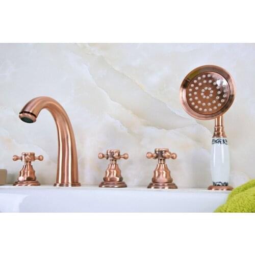 Antique Red Copper Brass Deck 5 Holes Bathtub Mixer Faucet Handheld Shower Widespread Bathroom Faucet Set Basin Water Tap atf240